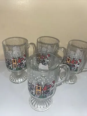 Lot Of 4 Vintage Glass Pedestal Christmas Village Mugs 5 1/2  Tall • $14.99