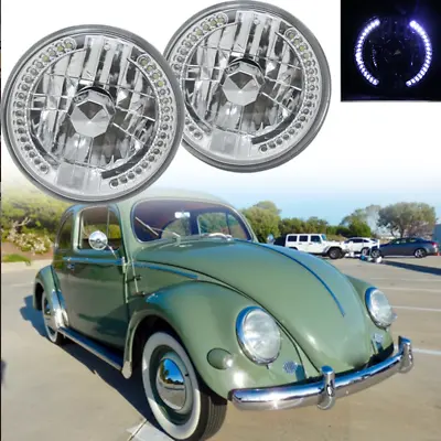 Pair 7  Inch Round Chrome Housing LED Headlights Halo For VW Beetle 1950-1979 • $29.99