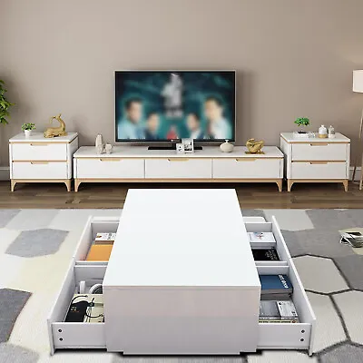 High Gloss LED Light Coffee Table White 4-Drawers Living Room Table Furniture US • $76.95