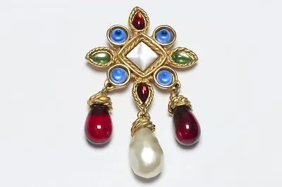 Vintage CHANEL Paris Maison Gripoix Red Blue Green Glass Pearl Drop Brooch • $3500