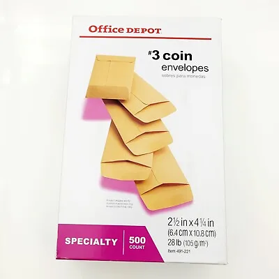 Office Depot Brand #3 Coin Envelopes  2 1/2  X 4 1/4  28 Lb Brown Kraft 500-Pk • $21.99