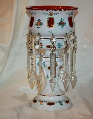 Bohemian Czech Cased Glass Mantle Lustre Cranberry To White Luster Dangles • $249