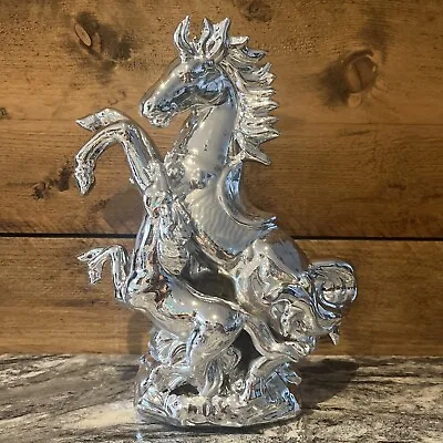 Silver Ceramic Horse / Mare And Foal Ornament Bling Pony Shiny • £15.99