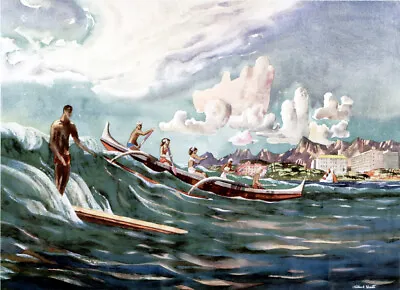 Millard Owen Sheets - Surfing Waikiki Hawaii 13x19 Print 1960's Painting 2 • $14.99