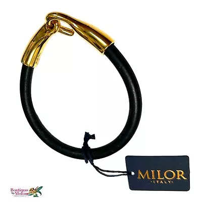 BRONZE MILOR ITALY Gold Tone Black Cowhide Leather Bracelet NEW Signed • $29.99