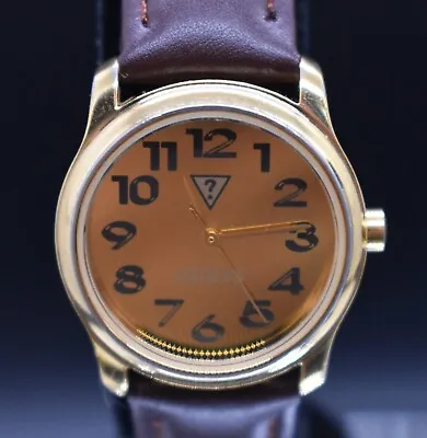 Vtg Guess Watch Women Gold Tone Mirror Dial 1996 Leather NEW BATTERY & BAND • $23.20