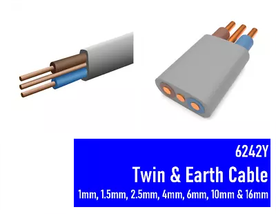 TWIN AND EARTH CABLE LIGHTING SOCKET WIRE  T&E GREY 1mm 1.5mm 2.5mm 6mm 10mm • £27.54