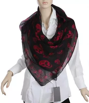 New Alexander Mcqueen Black Fuchsia Skulls Chiffon Silk Shawl Wrap Scarf • $307.72