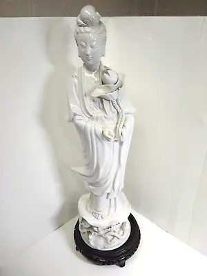 Quan Yin White Blanc De Chine Porcelain Lotus Sculpture 18 Inch Signed. W/ Base • $49.99