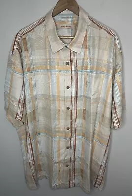 Tommy Bahama 100% Silk Camp Shirt Button Up S/S Orange Plaid Tropical Bowl • $24.99