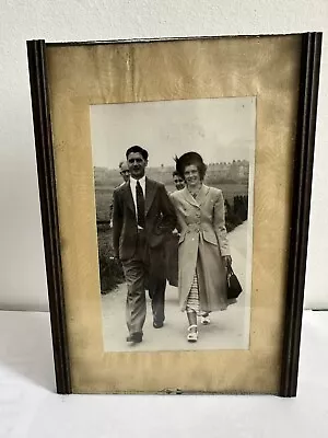 Antique Photo In Antique Frame Couple Strolling Possibly 1920s-1940s • £10