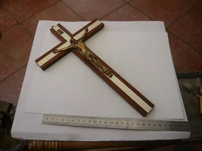 Vintage Retro 1970s Wall Hanging 12  Cross Crucifix Teak Brass Stainless Steel • £18