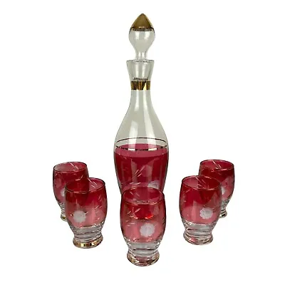 Vintage Pink & Gold Decanter Set 5 Glasses Etched Bar Decor Mid-Century Pretty • $49.88