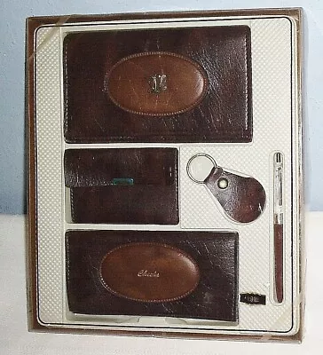 Vintage  5 Piece Set Brown Wallet Checkbook Coin Purse Key Fob Pen In Box • $8