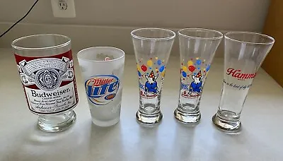 Lot 5 Mixed Vintage Budweiser Miller Lite Spuds Hamm Beer Drinking Glasses • $16.74