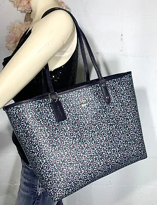 Coach Reversible City Tote Poppy Blue Floral Coated Canvas Shoulder Handbag Bag • $68.99