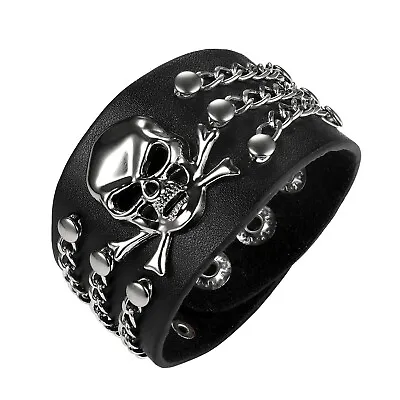 Men's Wide Leather Skull Head Link Biker Bracelet Braided Rivet Cuff Wristband • $9.99