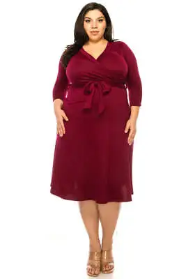 MOA Collection Plus Size Solid Faux Wrap Dress With Deep V-Neck And Waist Tie • $36.95