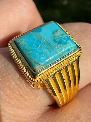 Blue Turquoise Ring Genuine Gemstone Mens Real 14k Gold Over 925 Sterling Silver • $58.45