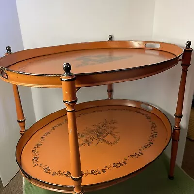 Italian Metal Tole Double Tray Butler Table Bamboo Metal Stand 1950s Orange Oval • $450