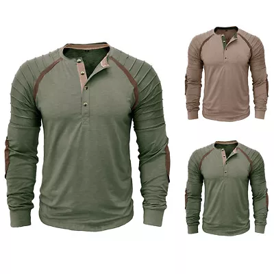 Mens Vintage Henry Basic T Shirt Long Sleeve Button V Neck Sports Pullover Tops • $28.09