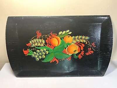 Large Vintage Mid Century Wooden Tray Hand Painted Glossy Black W/ Fruit Design • $27.99