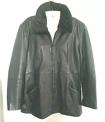 Vtg. Nicole Miller Women M Black Leather Lined Jacket Coat Pockets Collar Option • $23.90