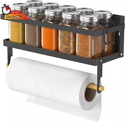 Spice Rack Magnetic Shelf With Paper Towel Holder Roll And Hooks Foldable Refri • £24.12