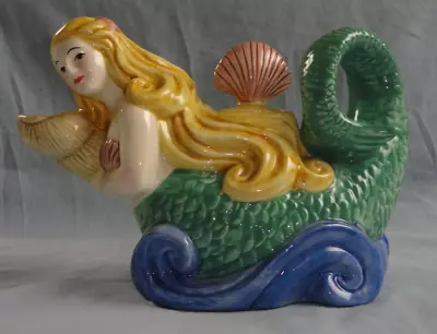 Vtg Clay Art Ceramic Mermaid Seashell Ocean Wave Fantasy Teapot Coastal Beach • $25.99