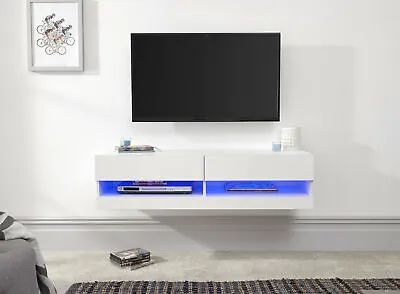 £109.99 • Buy White LED Wall Mounted TV Unit With High Gloss Finish With Two Storage Shelves