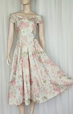 Vintage 80s Laura Ashley Ivory Cotton Floral Off Shoulder Sleeveless Tea Dress S • $94.51