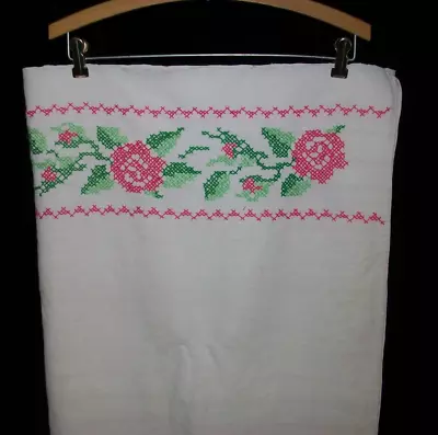 Vintage Heavy White Linen Tablecloth Cross Stitch Pink Roses Green Leaf 76 X 57 • $24.95