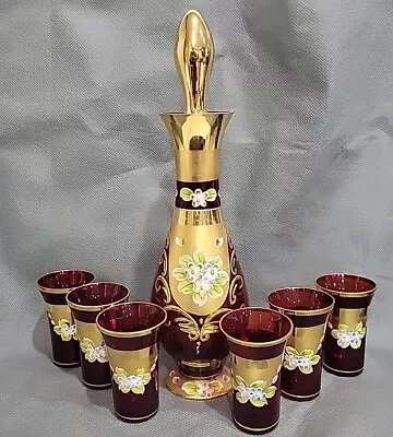 Bohemia Murano Glass Decanter Set Ruby Red & Gold Encrusted W/Floral Design  • $79.99