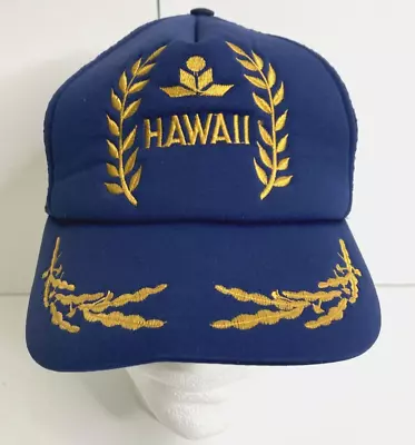Vintage Hawaii Snapback Trucker Hat Blue Cap Mesh Foam Rope Gold Leaf • $25