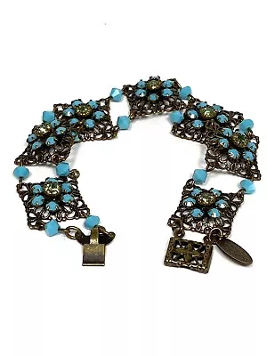 Vintage Liz Palacious  Blue Cabochons Green Crystals Bronze Tone Bracelet • $47