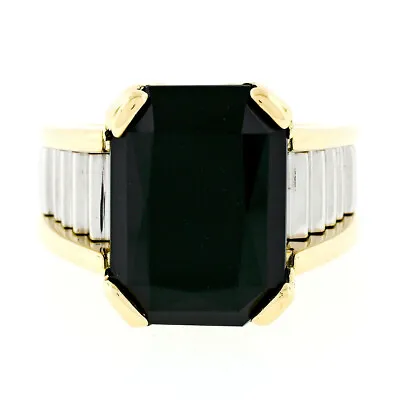 Vintage Unisex 18k Gold & Platinum Large Rectangular Black Onyx Step Design Ring • £1533.84