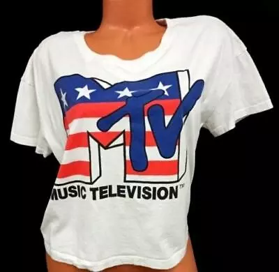 *MTV White Crew Neck Music Television Stretch Women's Short Sleeve Top L • £14.47