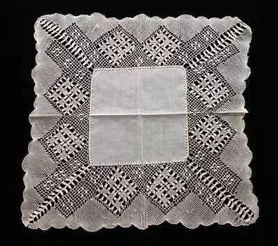 Beautiful Antique Linen & HAND MADE Maltese Lace Wedding Handkerchief PRISTINE • $34.95