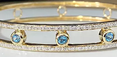 9K Solid Yellow Gold W/ Topaz & 0.60CT Diamond Bangle Bracelet • $938.15