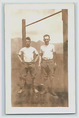 Two Military Men Standing By Pull Up Bar - RPPC Real Photo Vintage • $19.99