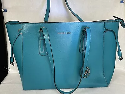 Michael Kors Voyager Medium Crossgrain Leather Tote Bag In Aqua( Ocean Blue) • $105