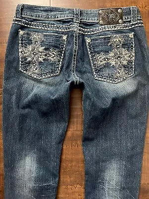 MISS ME Jeans CROSS Embroidered Jeweled Stretch SKINNY Low Y2K Sz 32 34” W LONG • $38.75