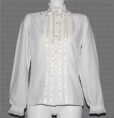 VTG Rhoda Lee Lace & Satin Rows Front Lace Collar & Cuffs Ivory Blouse Wm's 12 • $26.99