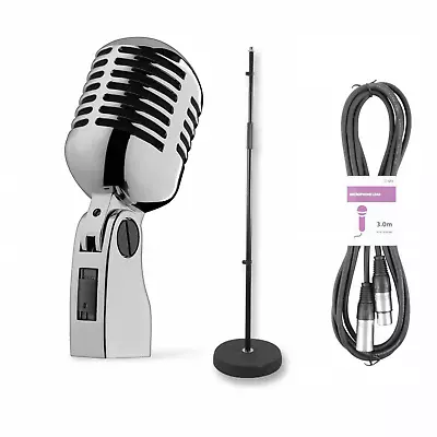 Retro 50's Chrome Microphone Stand & 2m Cable Singer Tribute Stage Karaoke • £79.99