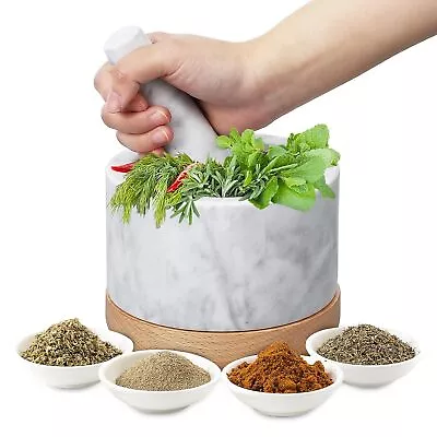 Mortar And Pestle Stone Marble Set Wood Pestal Natural Spice Herb Pill Grinder • $28.49