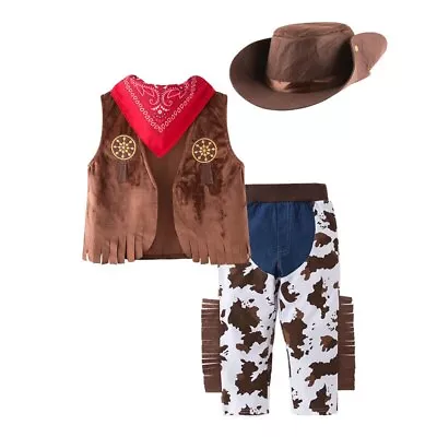Toddler Kids Child Cow Boy Cowboy Costume For Boys Halloween Fancy Dress 4pc Set • £13.88