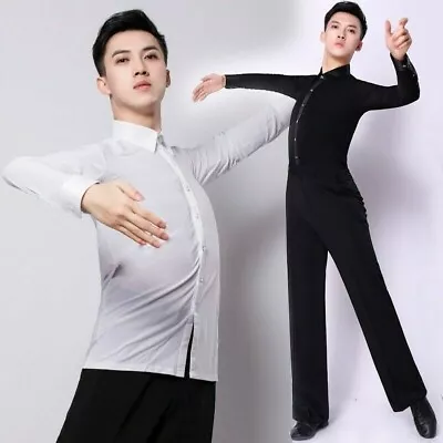 Men Latin Dance Shirt Top Ballroom Modern Salsa Samba Stretch Long Sleeve • £34.85