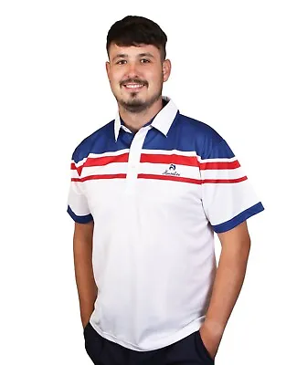 Henselite Men's Lawn Bowling Style22  Polo Shirt - White Royal Blue Red • £36.99