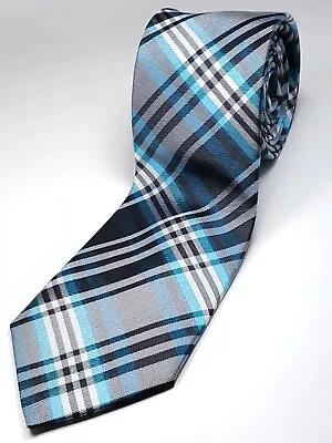 EXPRESS 100% Silk Tie Men's Blue White Silver Black Plaid Skinny Necktie NEW • $14.99