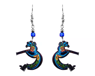 Kokopelli Earrings Southwest Tribal Art Pattern Native Boho Jewelry Trippy Blue • $13.99